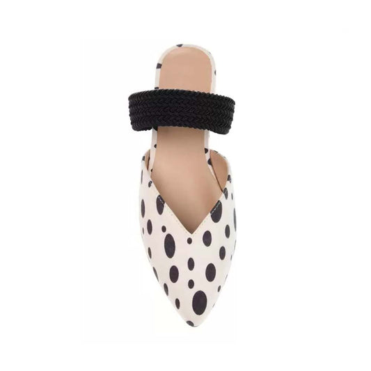 White Pointed Toe Polka Dots Slingback Mules With Strap Flats