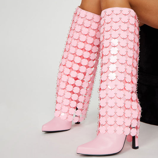 Pink Trendy Sequined Knee High Boots Pointed Toe Flared Heel Y2K Shoes