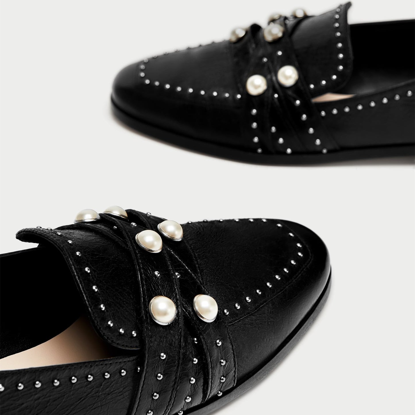 Black Closed-Toe Pearl Studs Strappy Flats Women's Loafers