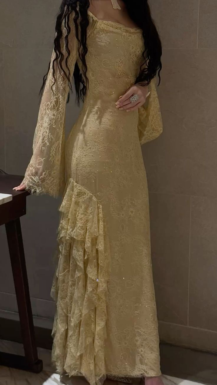 Classy Yellow Lace Prom Dress With Long Sleeves Evening Dress Graduation Dress cg26157
