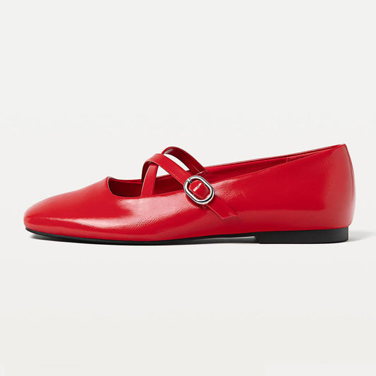 Women's Red Square Toe Cross Buckle Strap Elegant Ballet Flats