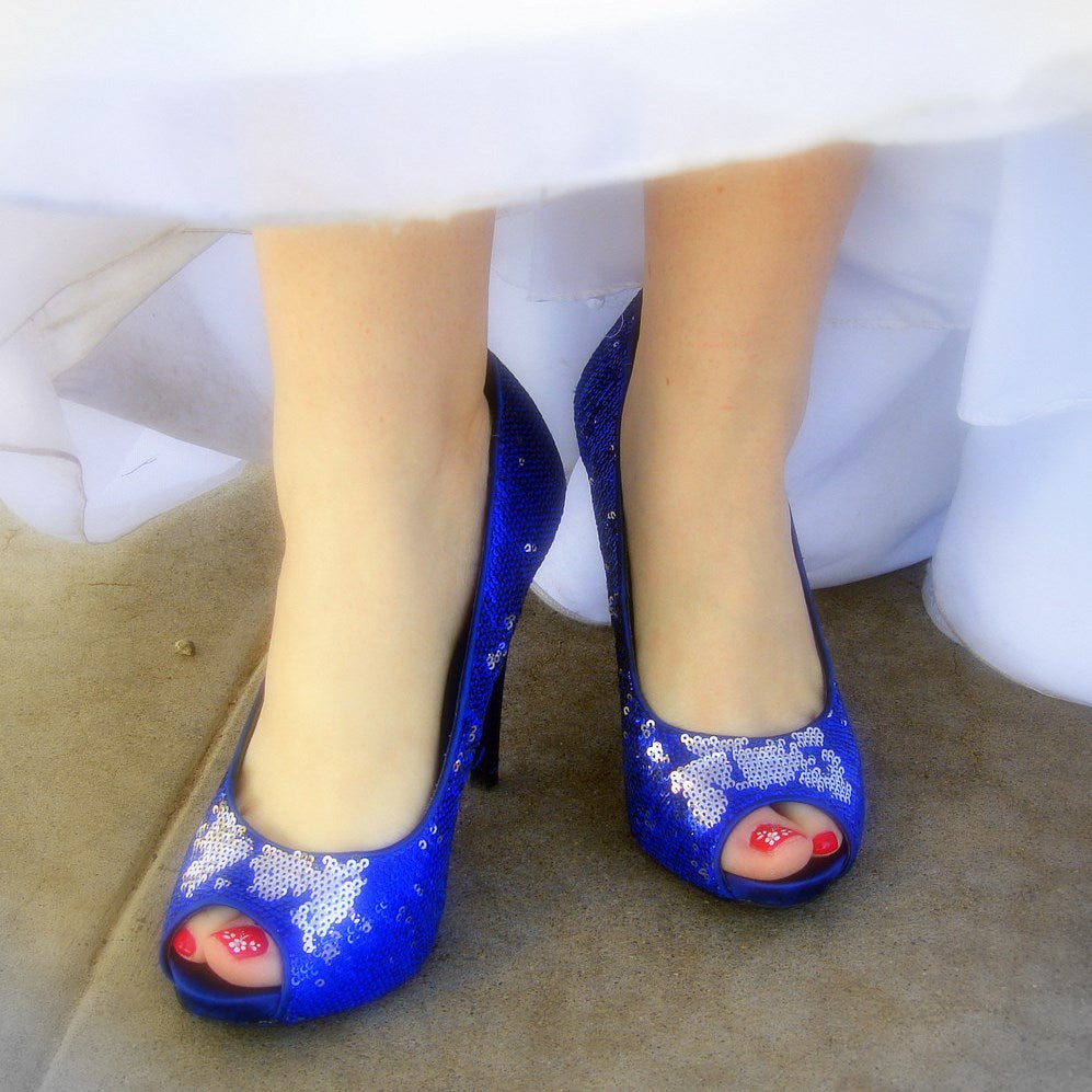 Women's Royal Blue Sequin Peep Toe Sparkling Platform Pumps