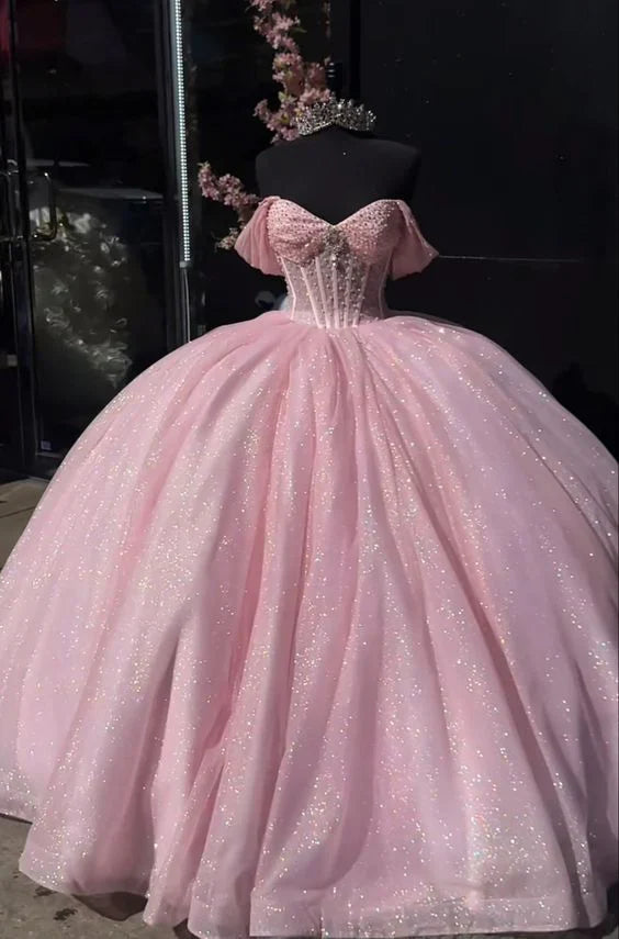 Beautiful Pink Sweetheart Sequin Off-the-shoulder Sweet 16 Quinceanera A-Line Tulle Floor-length Prom Dress Birthday Dress Evening Dress Ball Gown TP4546
