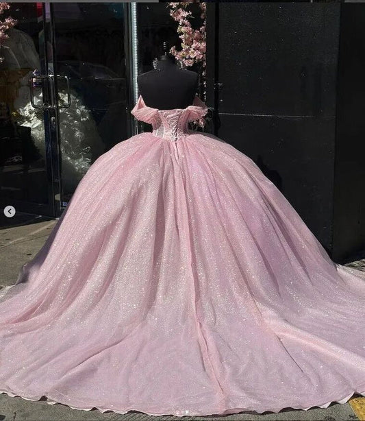Beautiful Pink Sweetheart Sequin Off-the-shoulder Sweet 16 Quinceanera A-Line Tulle Floor-length Prom Dress Birthday Dress Evening Dress Ball Gown TP4546