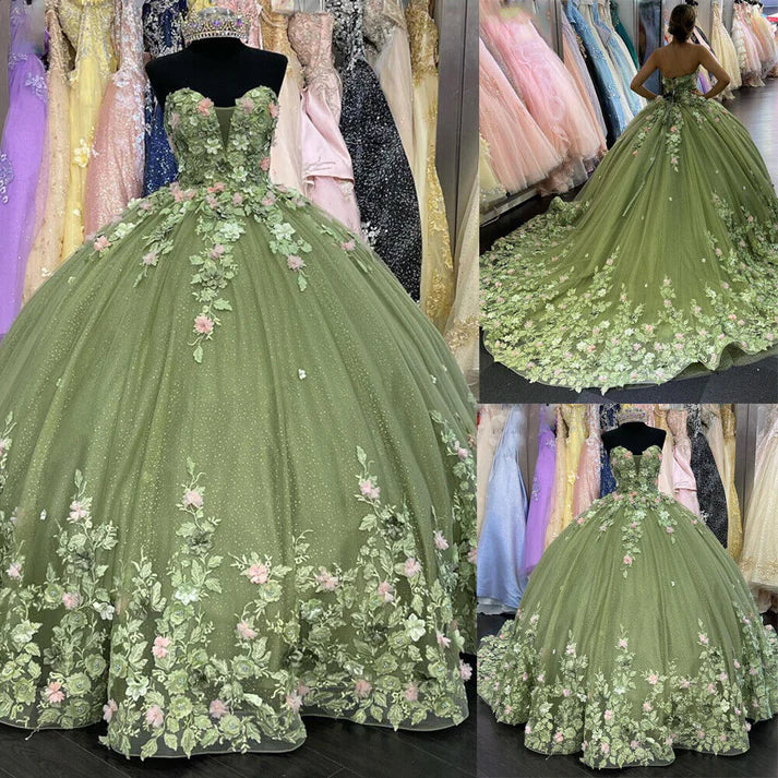 Elegant Sweetheart Green Applique Sweet 16 Quinceanera A-Line Floor-length Prom Dress Birthday Dress Evening Dress Ball Gown TP4419