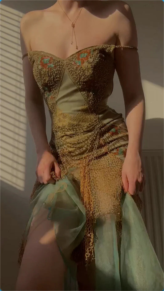 Vintage Green Beaded Chiffon Embroidery Prom Dress A-Line Spaghetti Strap Evening Dress Long Formal Dress TP4688