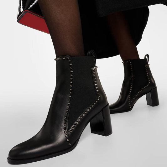 Black Round Toe Block Heel Rivet Embellished Ankle Boots for Women