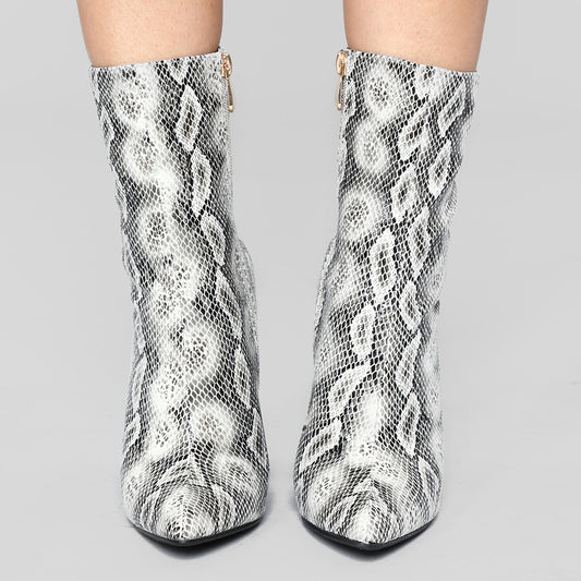 Women's Python Embossed Chunky Heel Fashion Ankle Boots with Zipper