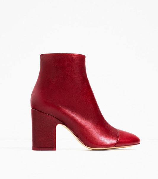 Women's Burgundy Zip Chunky Heel Round Toe Ankle Boots