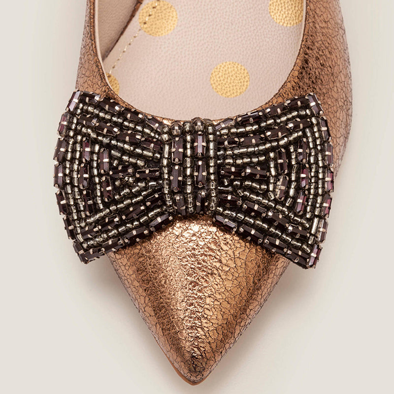 Rose Gold Pointy Toe Beaded Bow Comfortable Flats