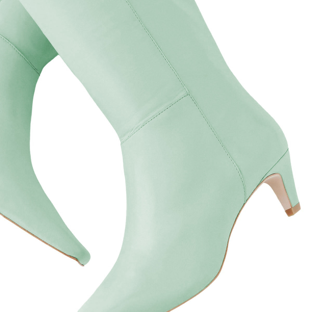 Green Pull-On Kitten Heel Knee High Boots for Women with Square Toe