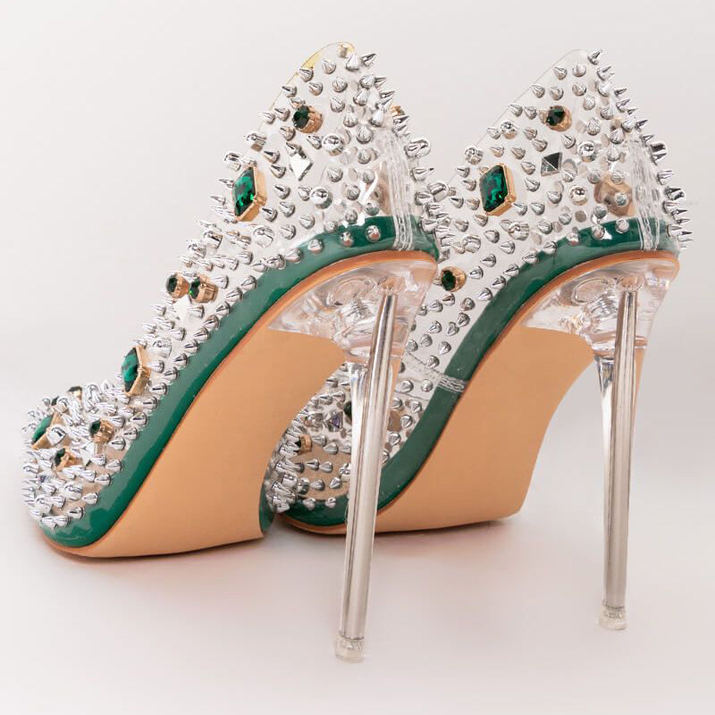 Women's Pointed-Toe Rivet Rhinestone Clear Pumps Party Stiletto Heels
