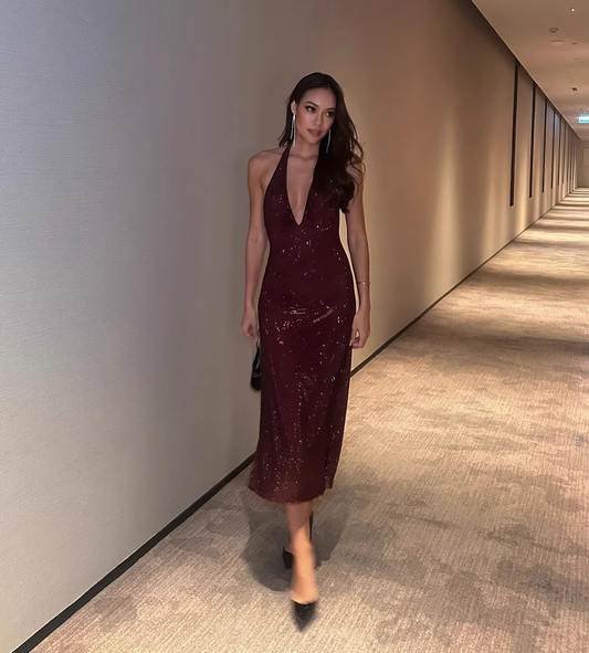 Vintage Shiny Sequin Sheath Prom Dress V-neck Evening Dress Long Formal Dress TP4638