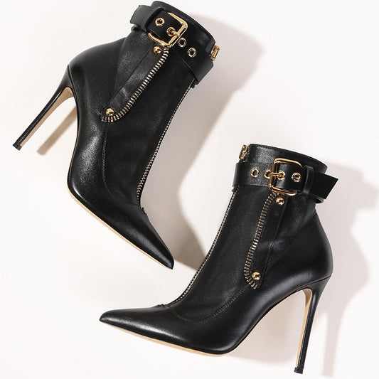 Black Faux Leather Pointed Toe Zipper Stiletto Heel Buckle Ankle Boots