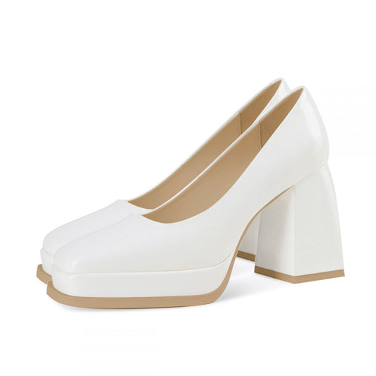 Women's Patent Leather Square Toe Chunky Heel White Platform Pumps
