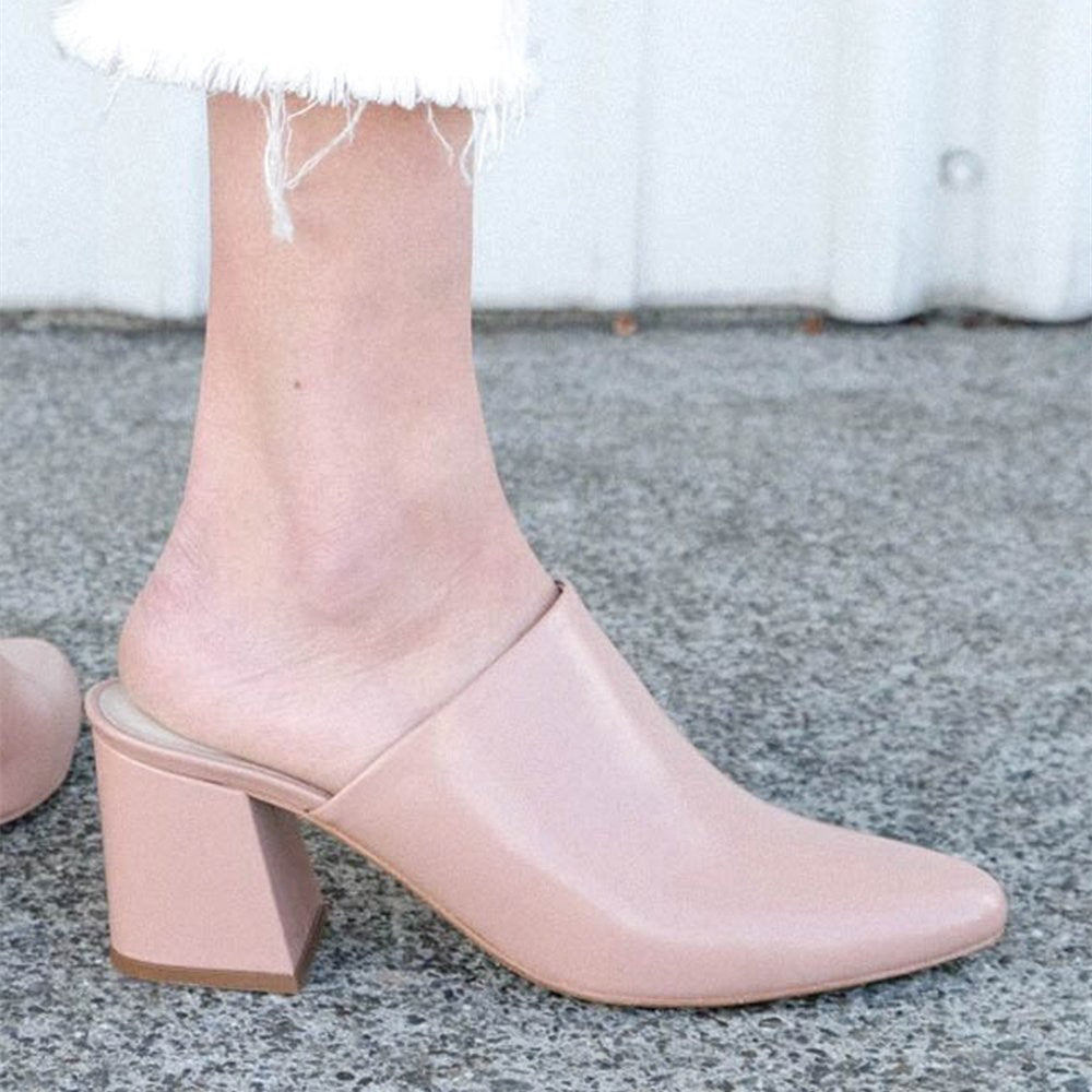 Women's Blush Block Heel Almond Toe Mules Shoes