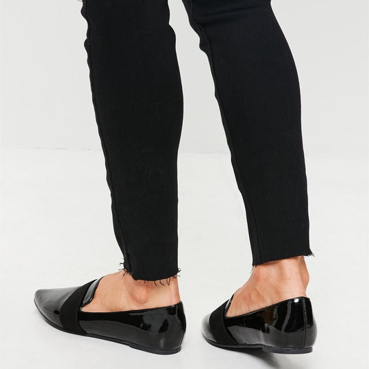 Black Patent Leather Flats Pointed Toe Elastic Strap Women's Loafers