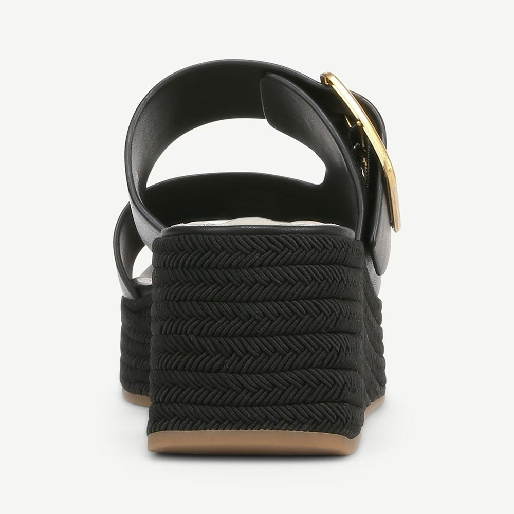 Open Square Toe Buckle Strap Woven Wedge Heel Black Platform Sandals