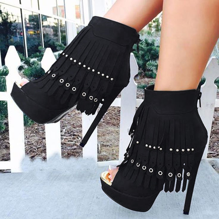 Black Fringe Peep Toe Stiletto Heel Platform Ankle Boots