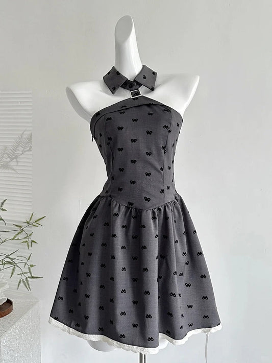 Vintage Grey Printed Lapel A-line Short 17th Birthday Homecoming Dress P3995
