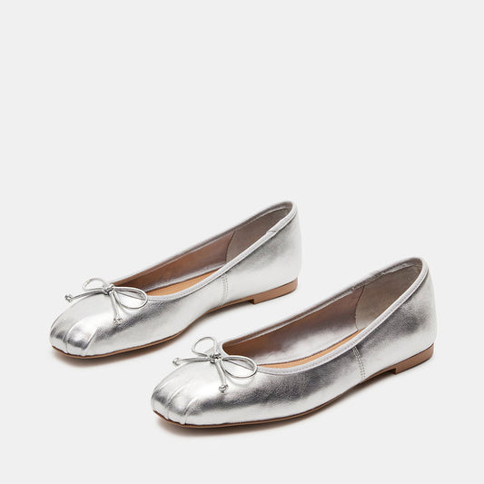 Stylish Silver Metallic Bow Embellished Square-Toe Ballet Flats