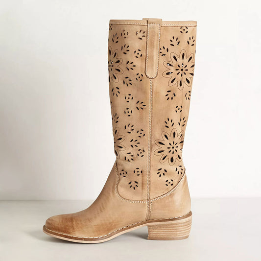 Khaki Floral Perforated Round Toe Stacked Heel Mid Calf Boots