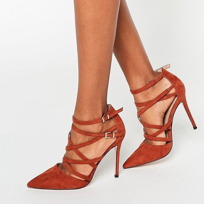 Women's Tan Vegan Suede Pointy Toe Strappy Stiletto Heels Pumps