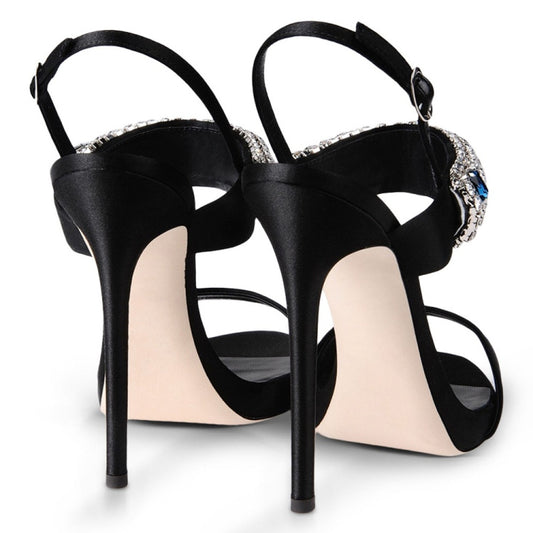 Black Satin Rhinestone Strap Slingback Heeled Sandals for Prom