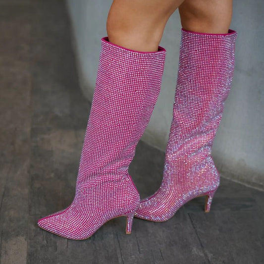 Pink Rhinestone Closed Toe Stiletto Heel Winter Knee High Boots