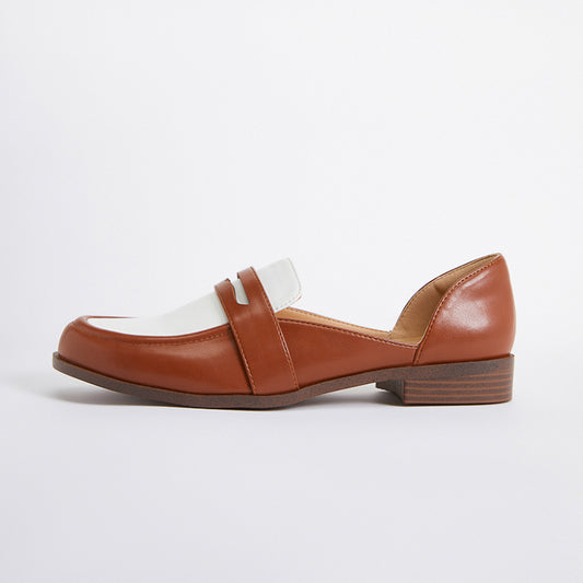 Brown & White Faux Leather Block Heel Round Toe Vintage Loafers