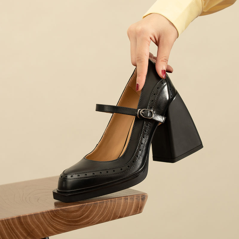 Black Vegan Leather Closed Toe 4'' Chunky Heel Platform Loafers