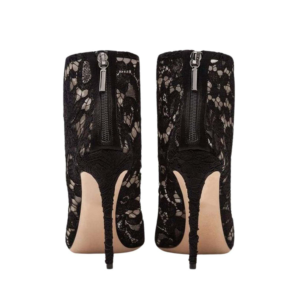 Black Floral Lace Peep Toe Booties Elegant Stiletto Heel Ankle Boots