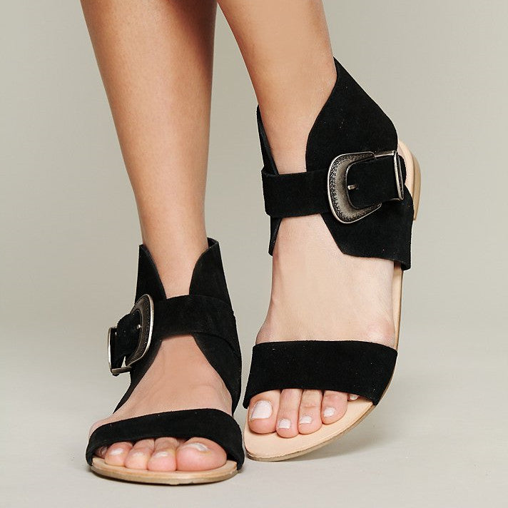 Black Vegan Suede Open Toe Buckle Strap Flat Sandals for Women