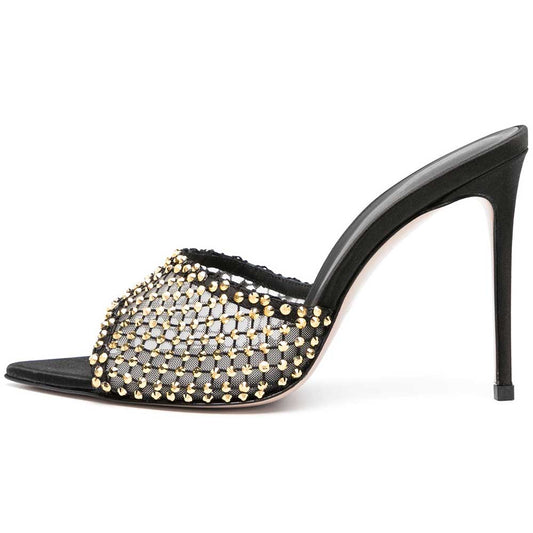 Black Mesh Pointy Toe Gold Rhinestone Inlay High Heel Mules