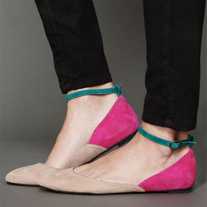 Nude and Pink Vegan Suede Casual Flats with Green Ankle Strap