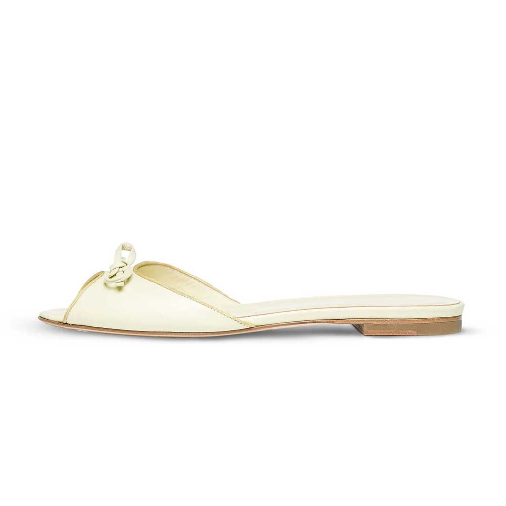 Women's Vegan Leather Round Toe Bow Inlay Flat White Slippers
