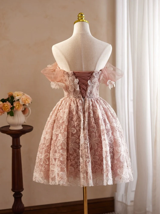 Retro Pink Applique Off-the-shoulder Design A-line Tulle Party Dress Homecoming Dress TP4068