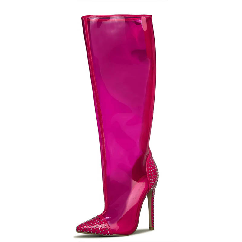 Fuchsia PVC Pointed Toe Stiletto Heel Knee High Boots with Studs