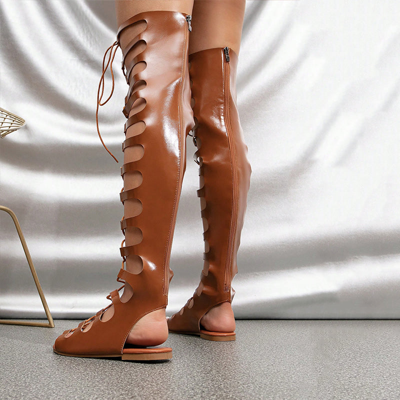 Brown Open Toe Lace-Up Thigh Flats Gladiator Sandals with Zip