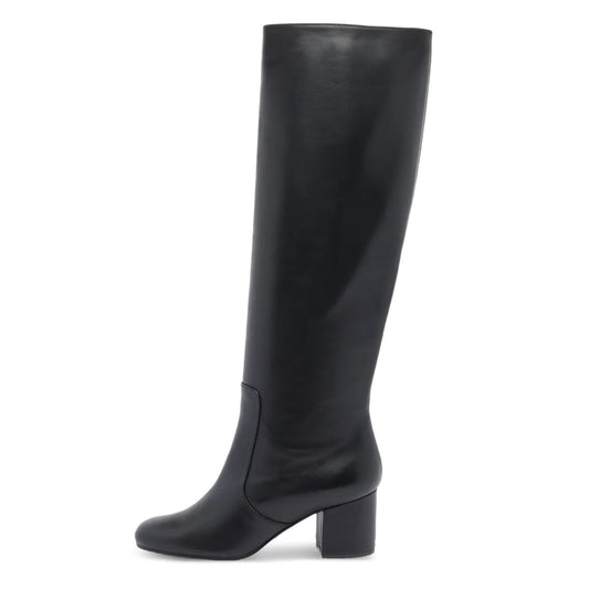 Black Round Toe Block Heel Vegan Leather Knee High Boots