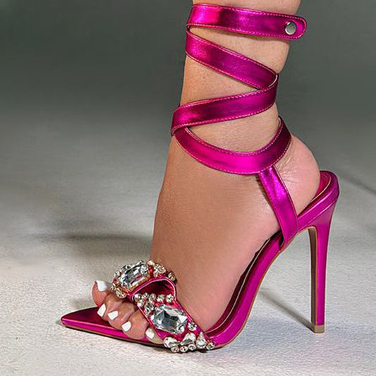 Fuchsia Pointed Toe Rhinestone Party Shoes Ankle Wrap Heeled Sandals