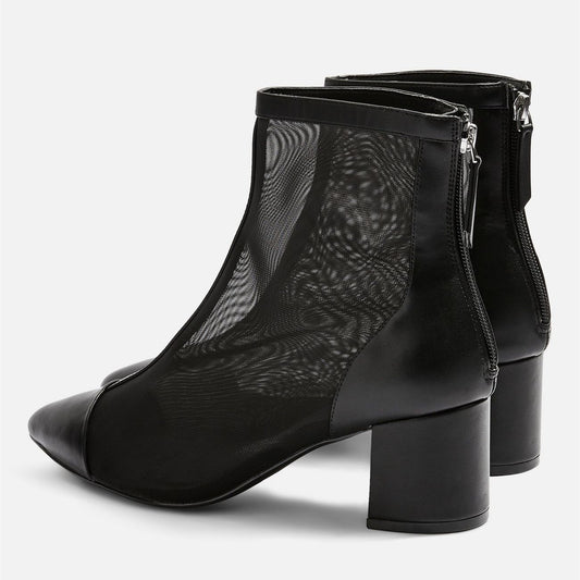 Black Pointy Toe Nets Chunky Heel Ankle Boots