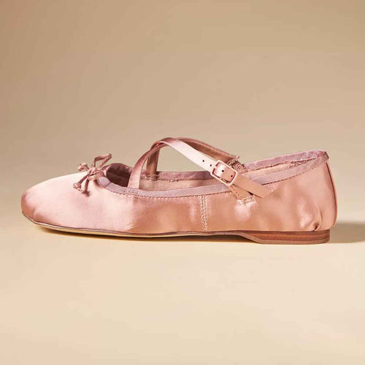 Pink Satin Round Toe Criss-Cross Strappy Bow Slip-On Ballet Flats