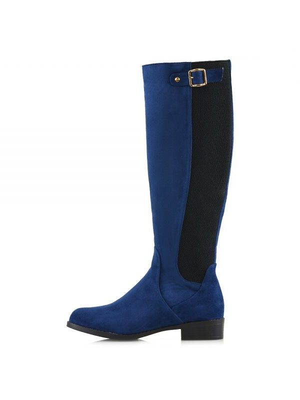 Navy Closed Toe Low Heel Buckled Zip Closure Knee High Boots for Women
