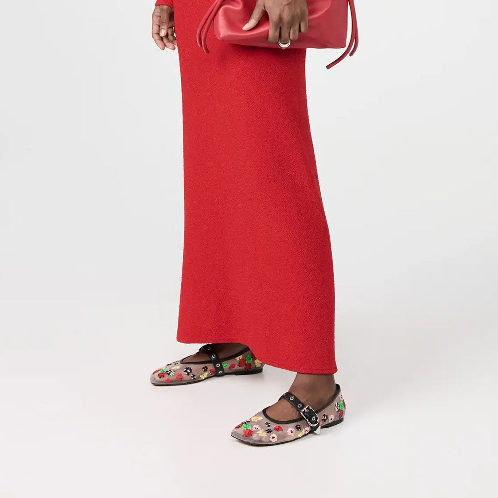 White Mesh Multi Color Floral Embroidery Buckle Strap Mary Jane Flats