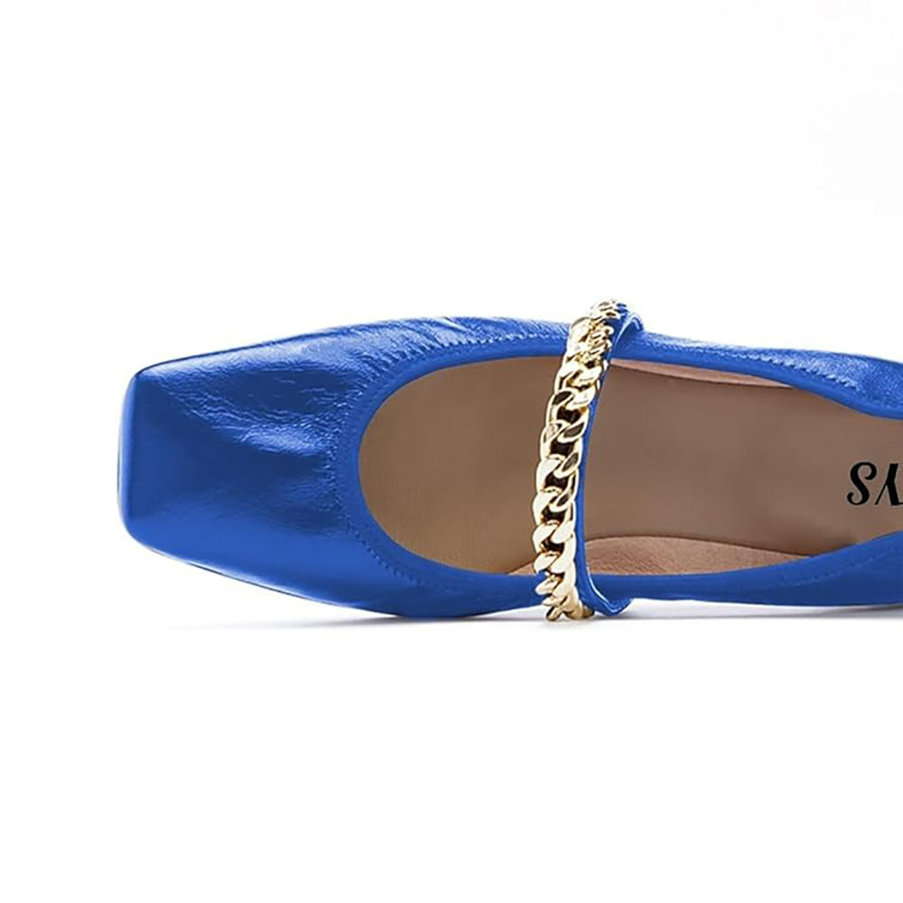 Blue Square Toe Chain Strap Vegan Leather Mary Jane Flats
