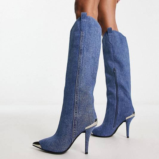 Blue Pointy Stiletto Western Knee High Denim Boots with Metal Rands