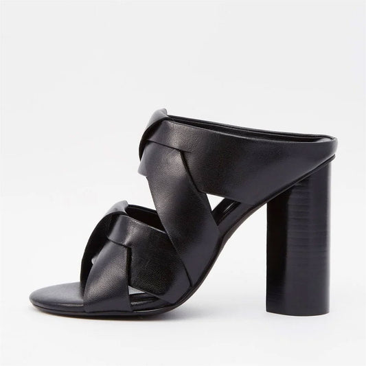 Black Vegan Leather Open Toe Cylinder Heel Slide Sandals for Women