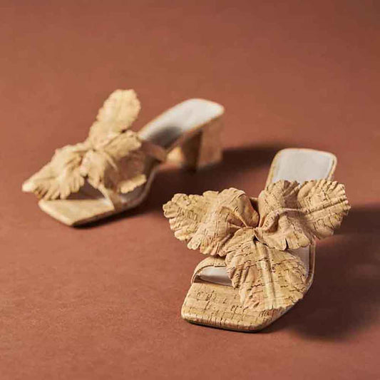 Beige Vegan Leather Square Toe Block Heel Floral Cork Mules
