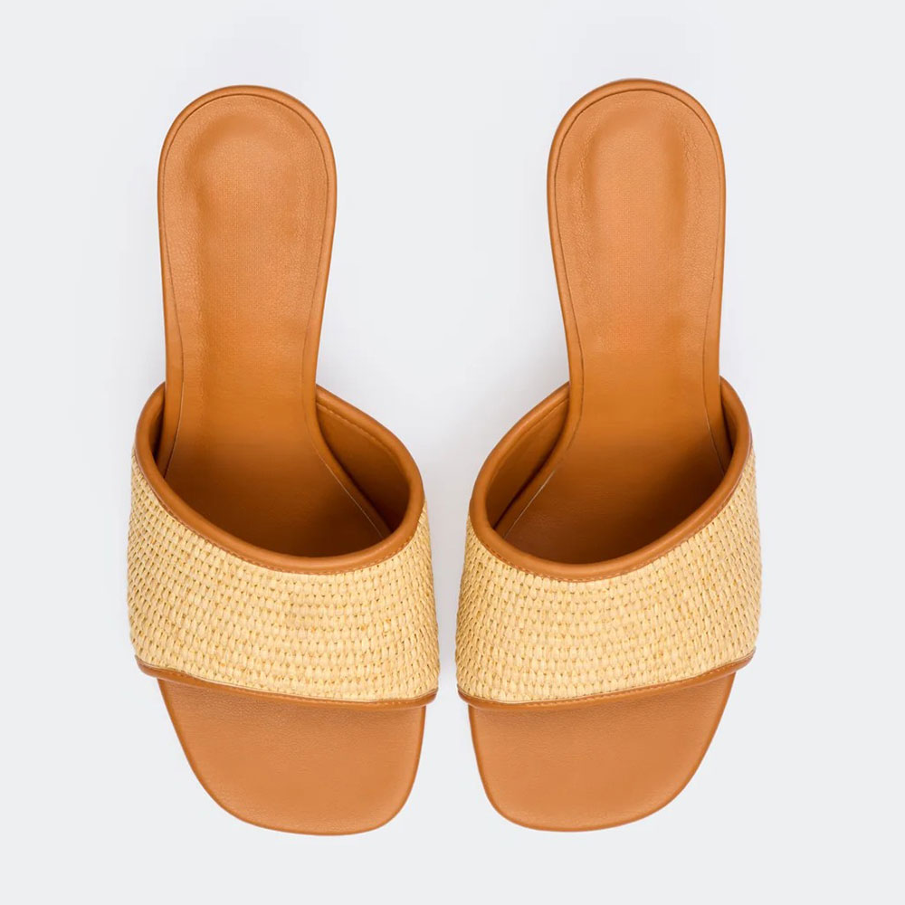 Beige and Tan Woven Open Square Toe Bamboo Heel Mules Shoes